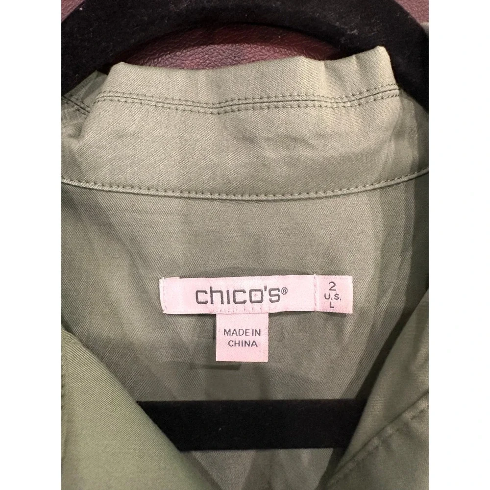 Chicos Olive Green Collared Short Sleeve Shirt Dress Midi Pockets Size 2 - Picture 6 of 9